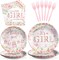 96 Pcs Rose Gold Baby Shower Tableware Set 350 GSM Pink Girl Baby Shower Plates and Napkins Floral Baby Girl for Girl Baby Shower Gender Reveal Party Supplies Serves 24